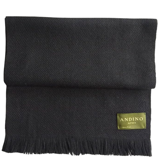 Black alpaca wool scarf shawl large on white background with Andino Alpaca logo print.