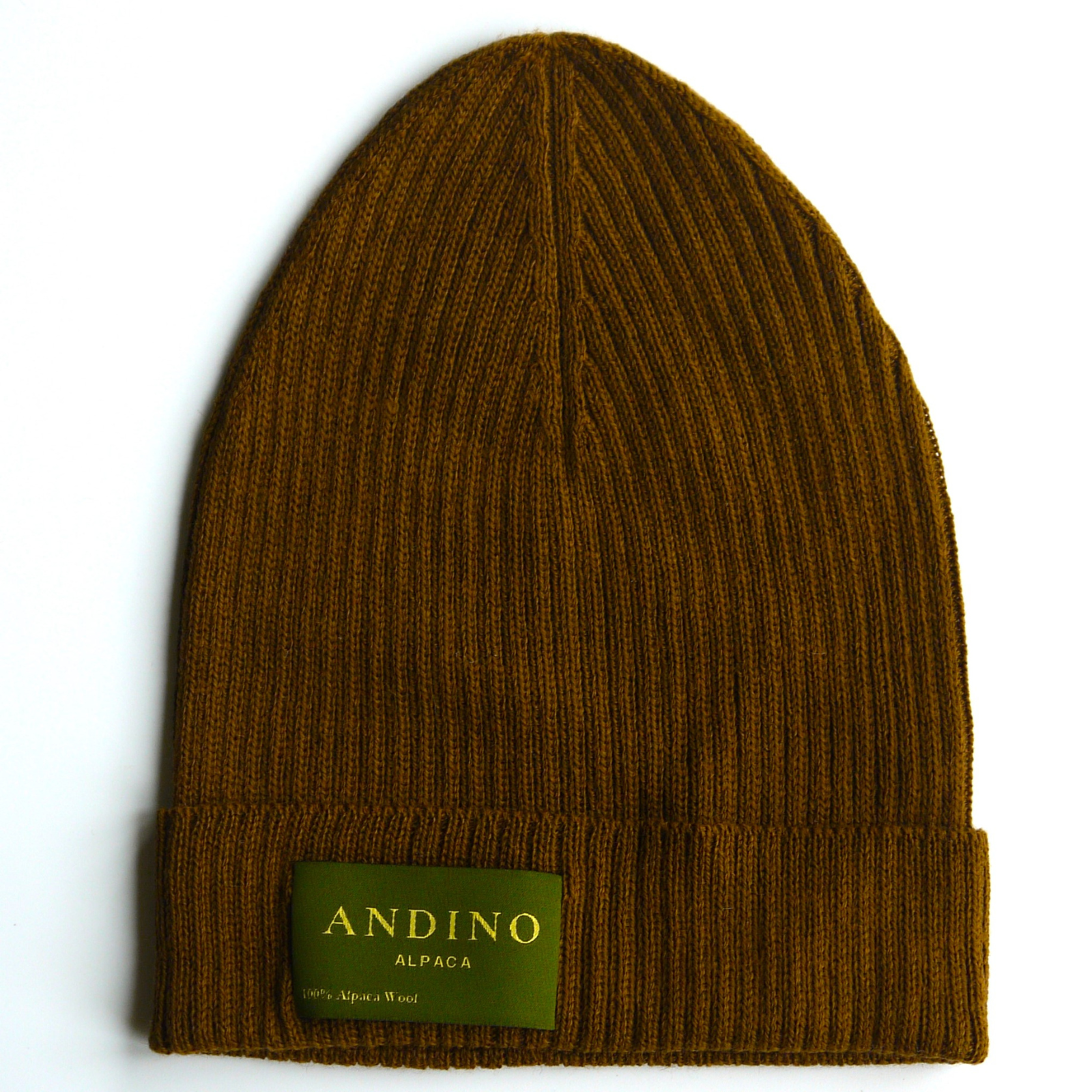 Brown alpaca wool beanie hat on a white background.