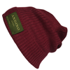 Burgundy alpaca wool beanie hat from the side on a white background