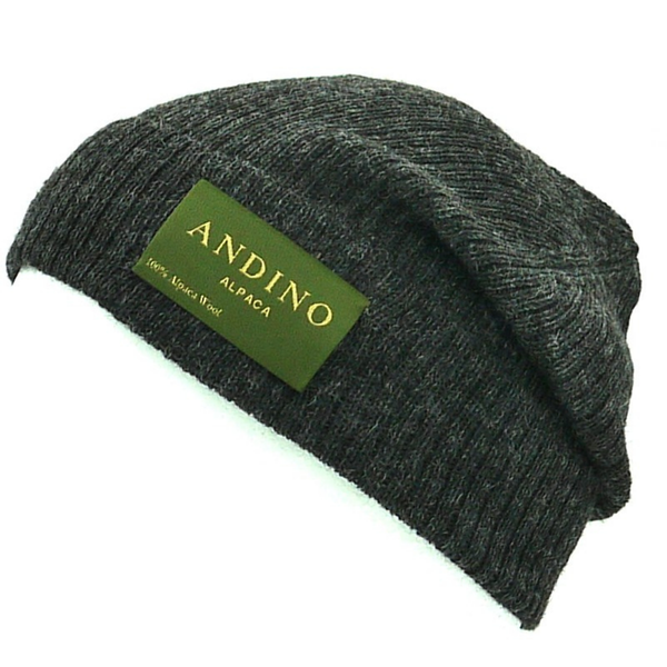 Dark grey alpaca wool beanie hat from the side on a white background