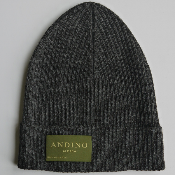 Dark grey alpaca wool beanie hat on a white background