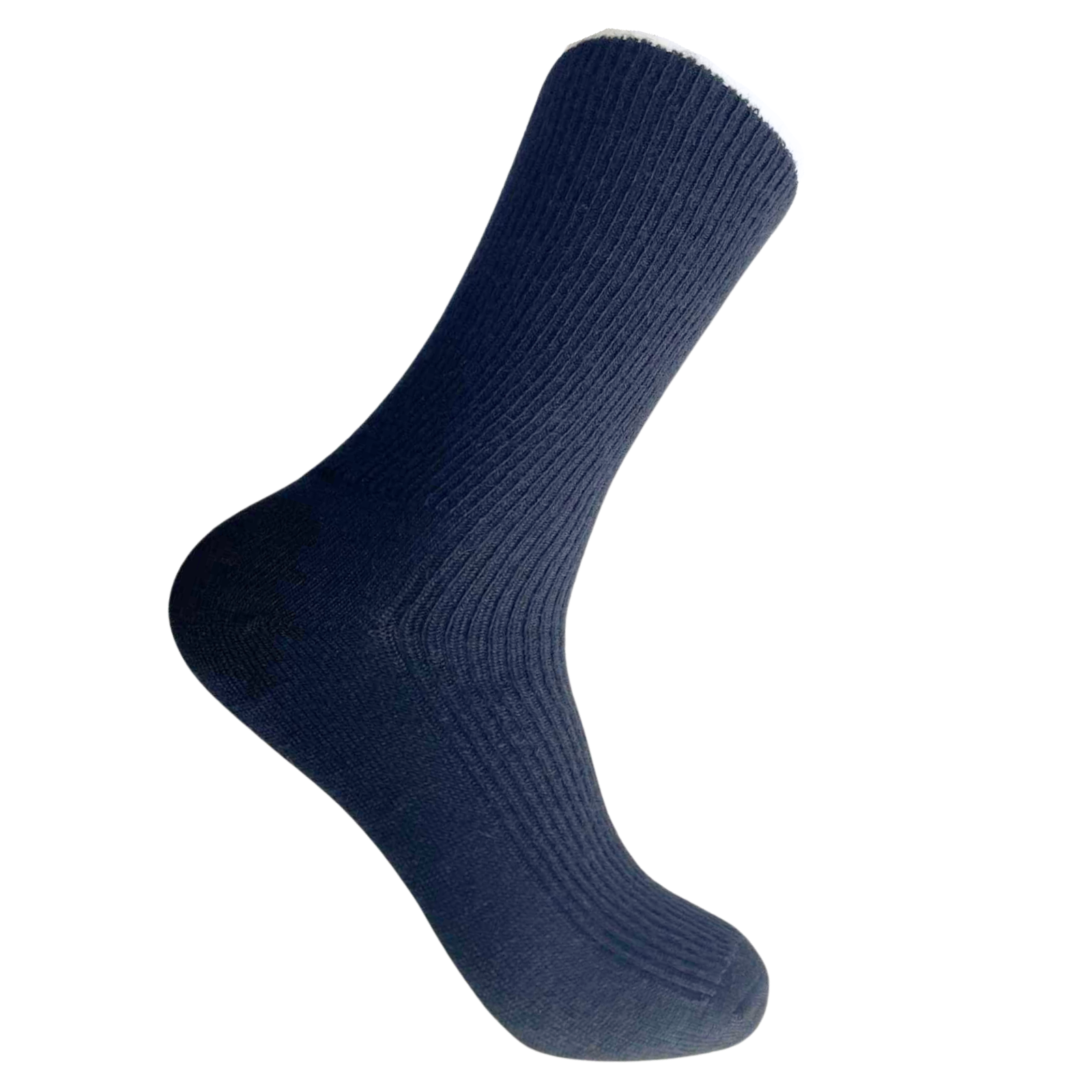 Half calf navy blue alpaca socks for men on a white background.