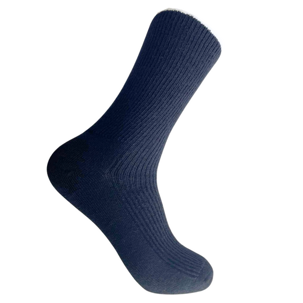 Half calf navy blue alpaca socks for men on a white background.