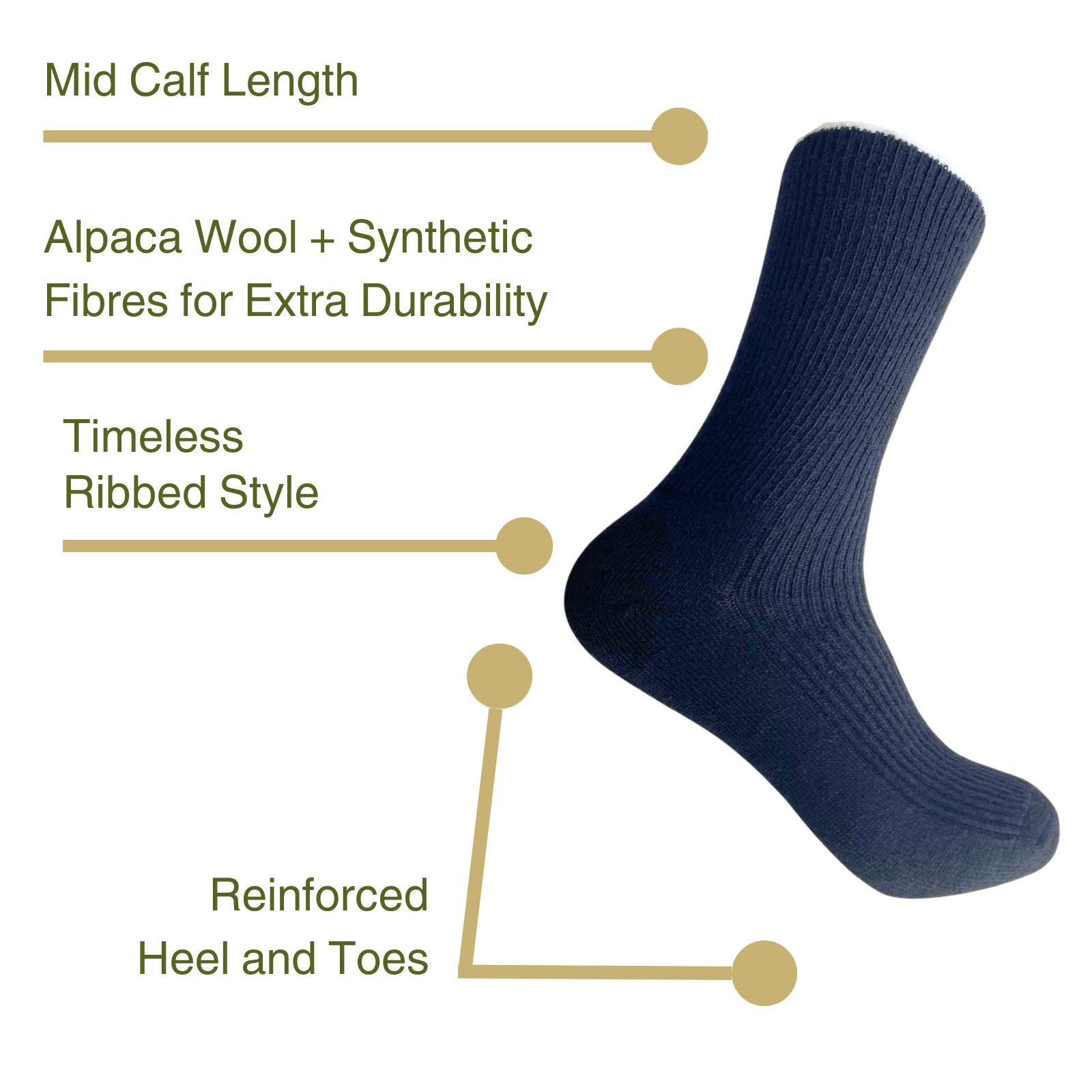 Infographic about the blue mid calf length and material of alpaca socks.