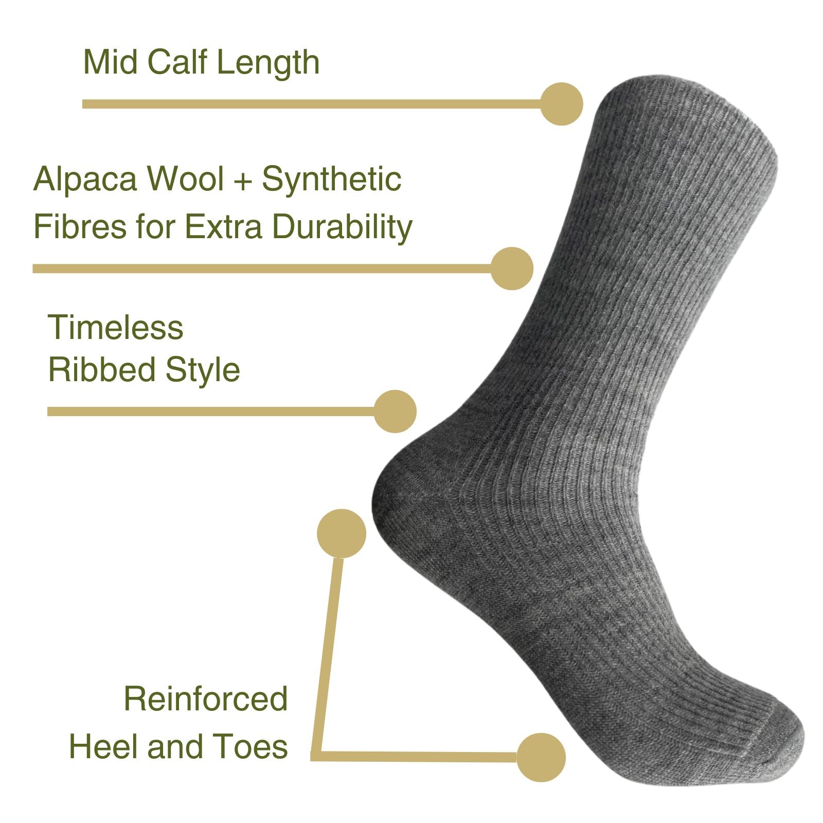 Infographic about the light grey mid calf length and material of alpaca socks.