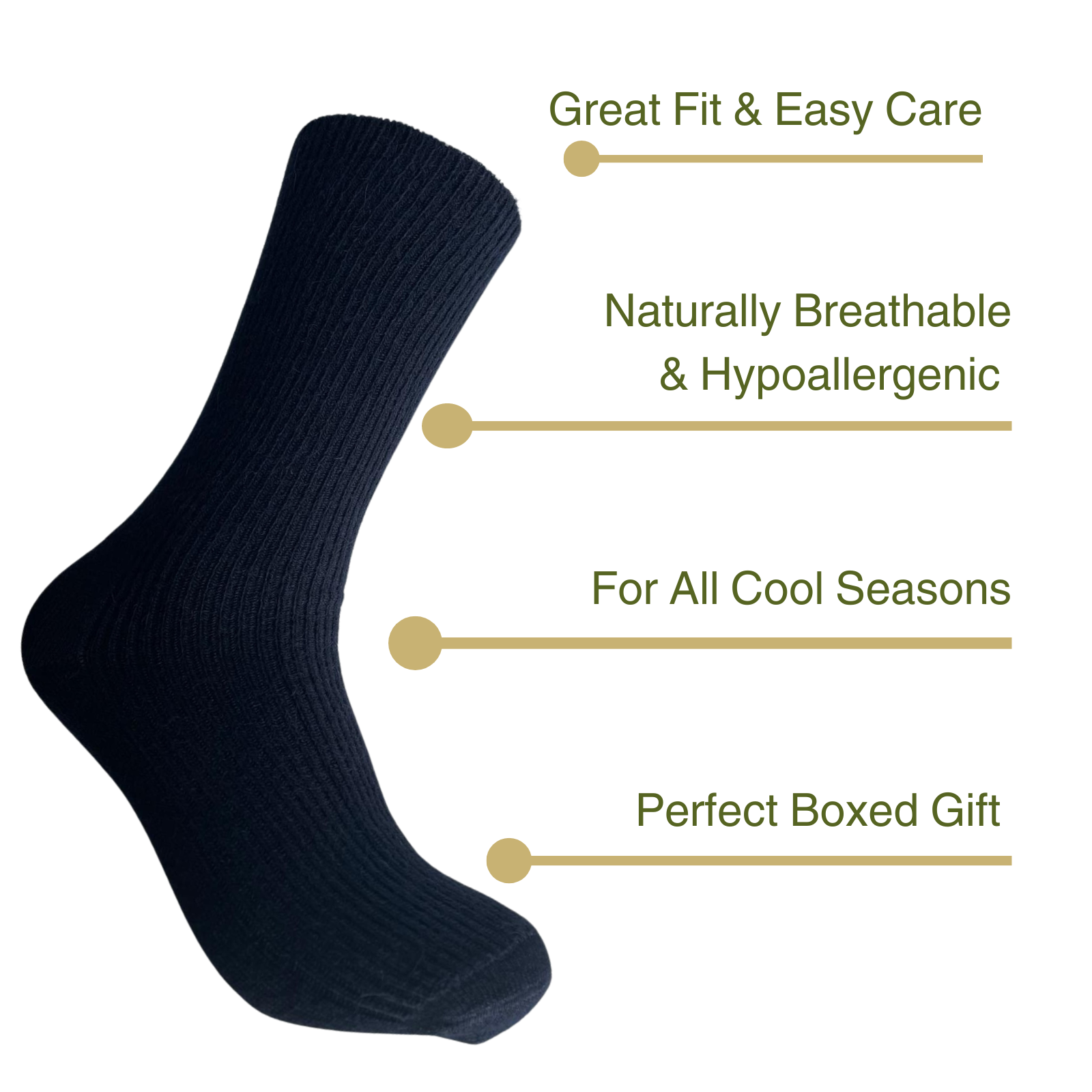 : Infographic with a black alpaca sock and its features, such as fit, material, and box.
