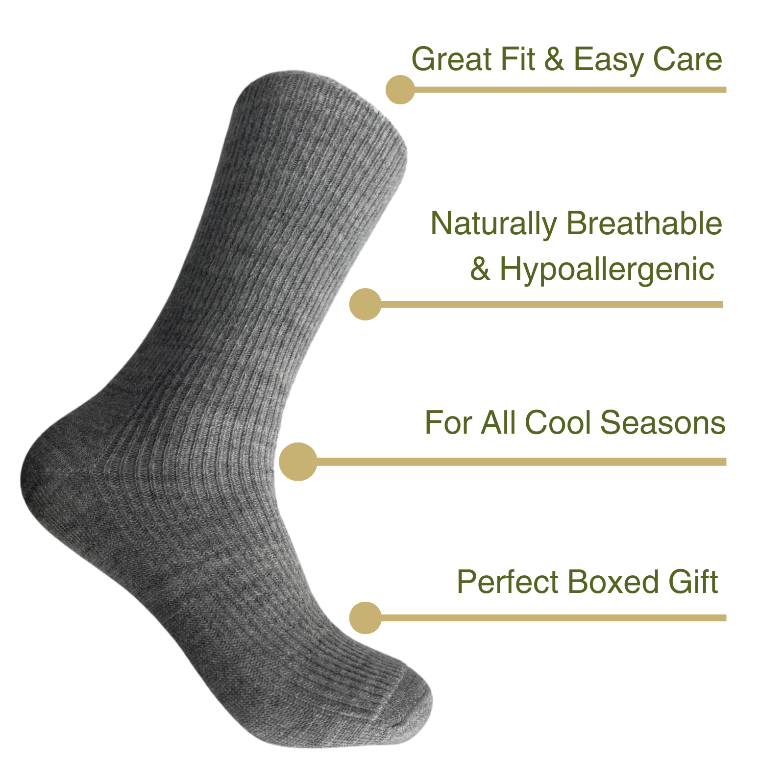 Infographic with a light grey alpaca sock and its features, such as fit, material, and box.