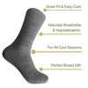 Infographic with a light grey alpaca sock and its features, such as fit, material, and box.