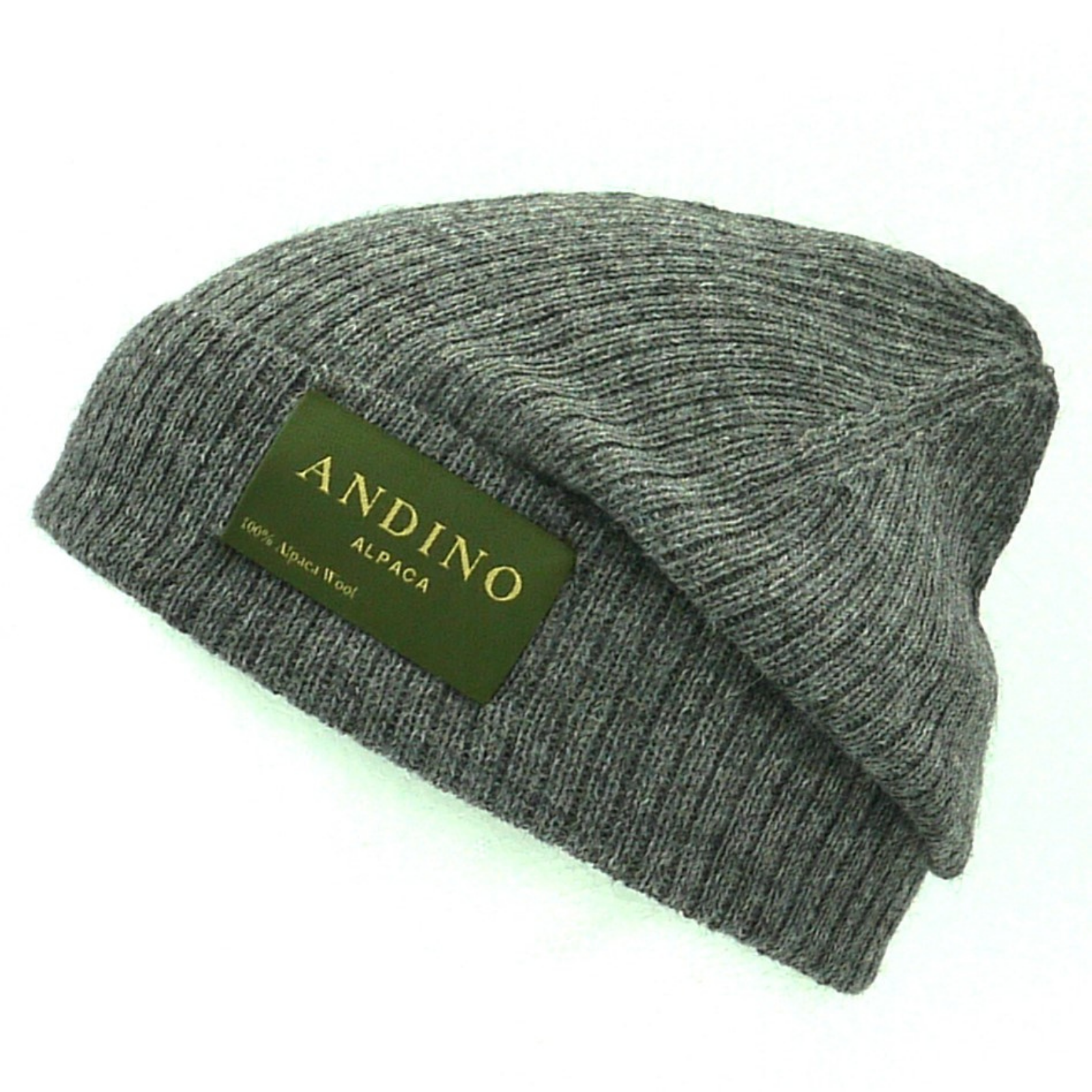 Light grey alpaca wool beanie hat from the side on a white background