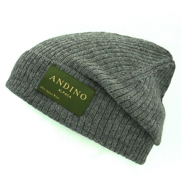 Light grey alpaca wool beanie hat from the side on a white background