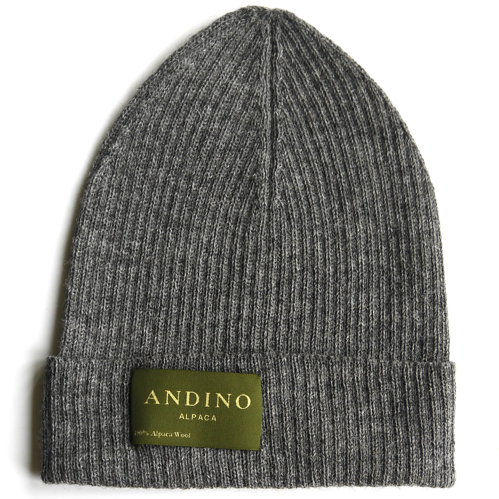 Light grey alpaca wool beanie hat on a white background