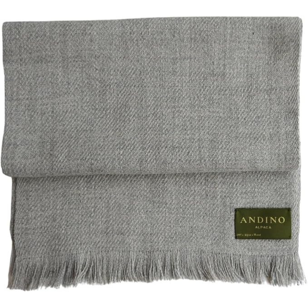 Light grey alpaca wool scarf large on white background with Andino Alpaca logo print.