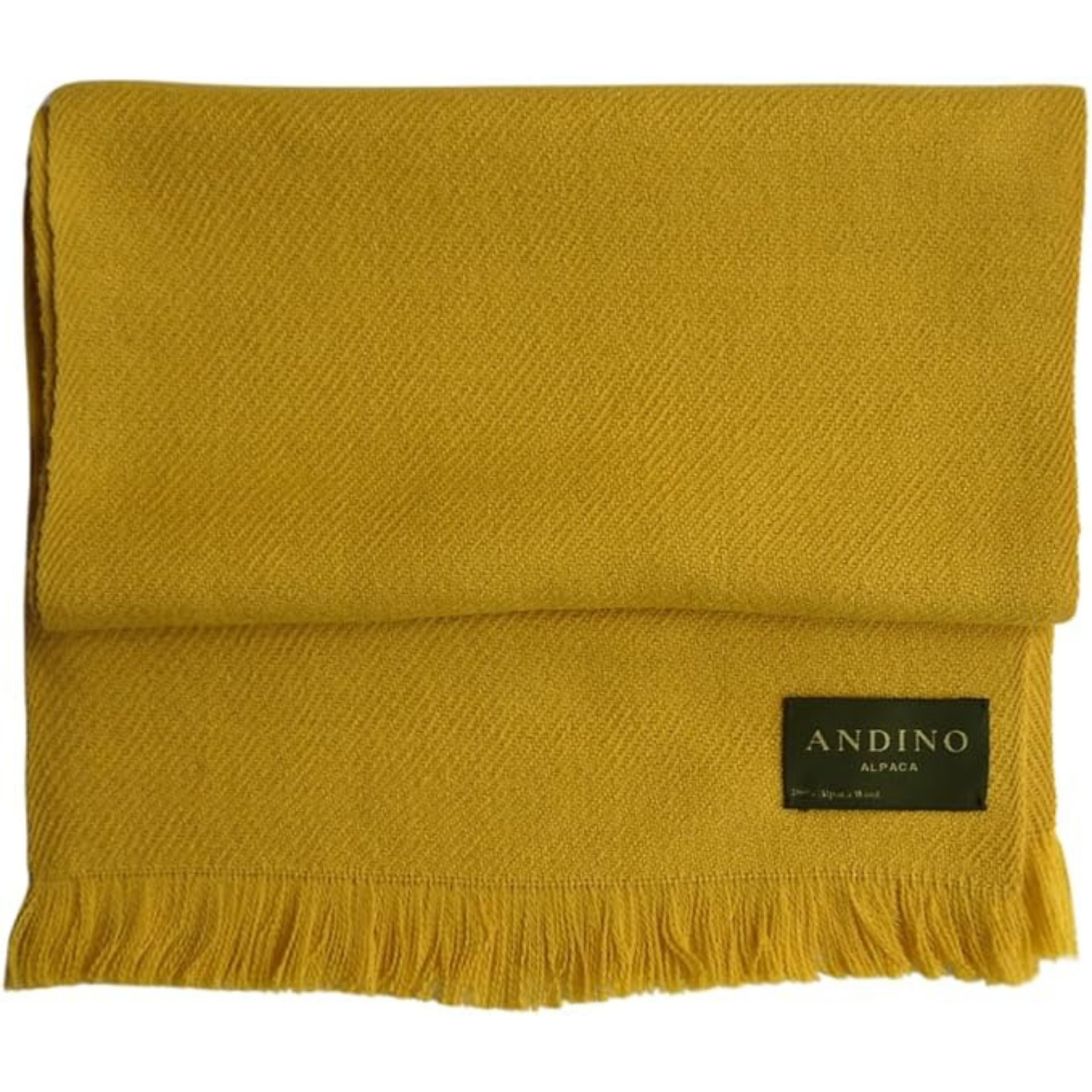 Mustard colour large alpaca wool scarf shawl folded and slightly opened on white background with Andino Alpaca logo print.