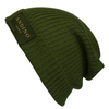 Navy blue alpaca wool beanie hat from the side on a white background.