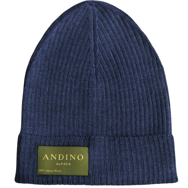Navy blue alpaca wool beanie hat on a white background