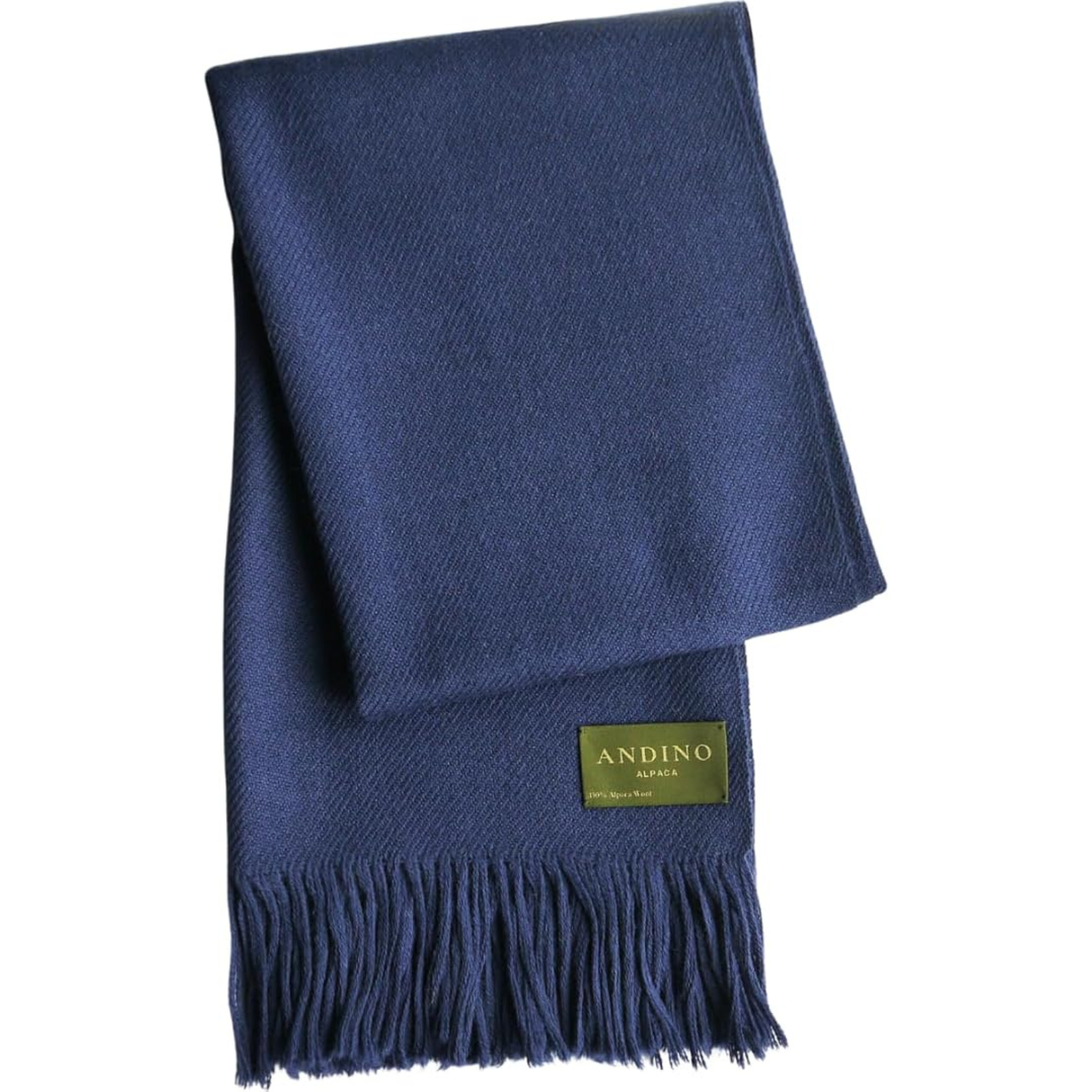 Navy blue alpaca wool scarf extra large & long slightly unfolded on white background with Andino Alpaca logo print.
