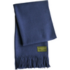 Navy blue alpaca wool scarf extra large & long slightly unfolded on white background with Andino Alpaca logo print.