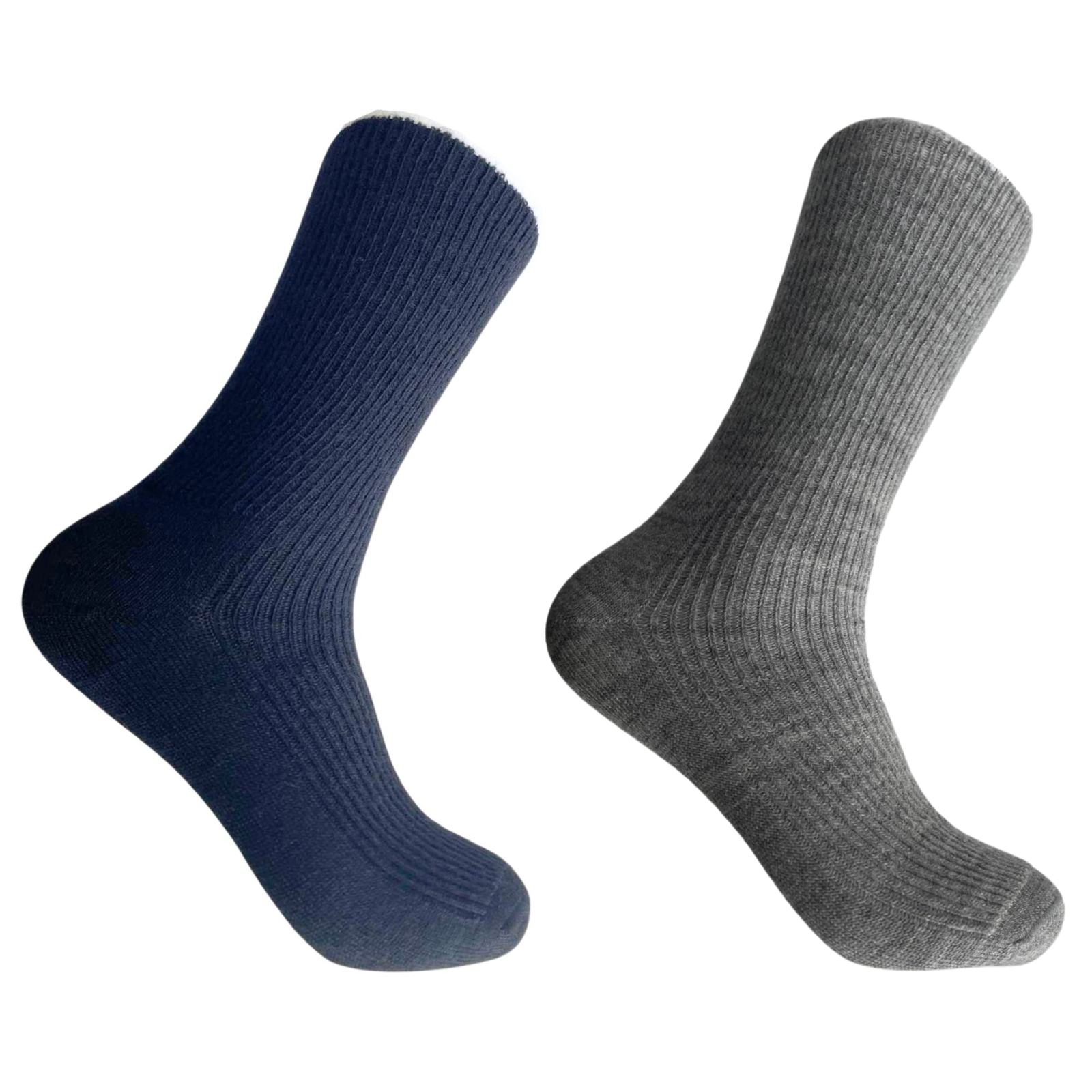Navy blue and light grey alpaca socks on a white background.