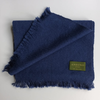 Navy blue large alpaca wool scarf shawl unfolded on white background with Andino Alpaca logo print.