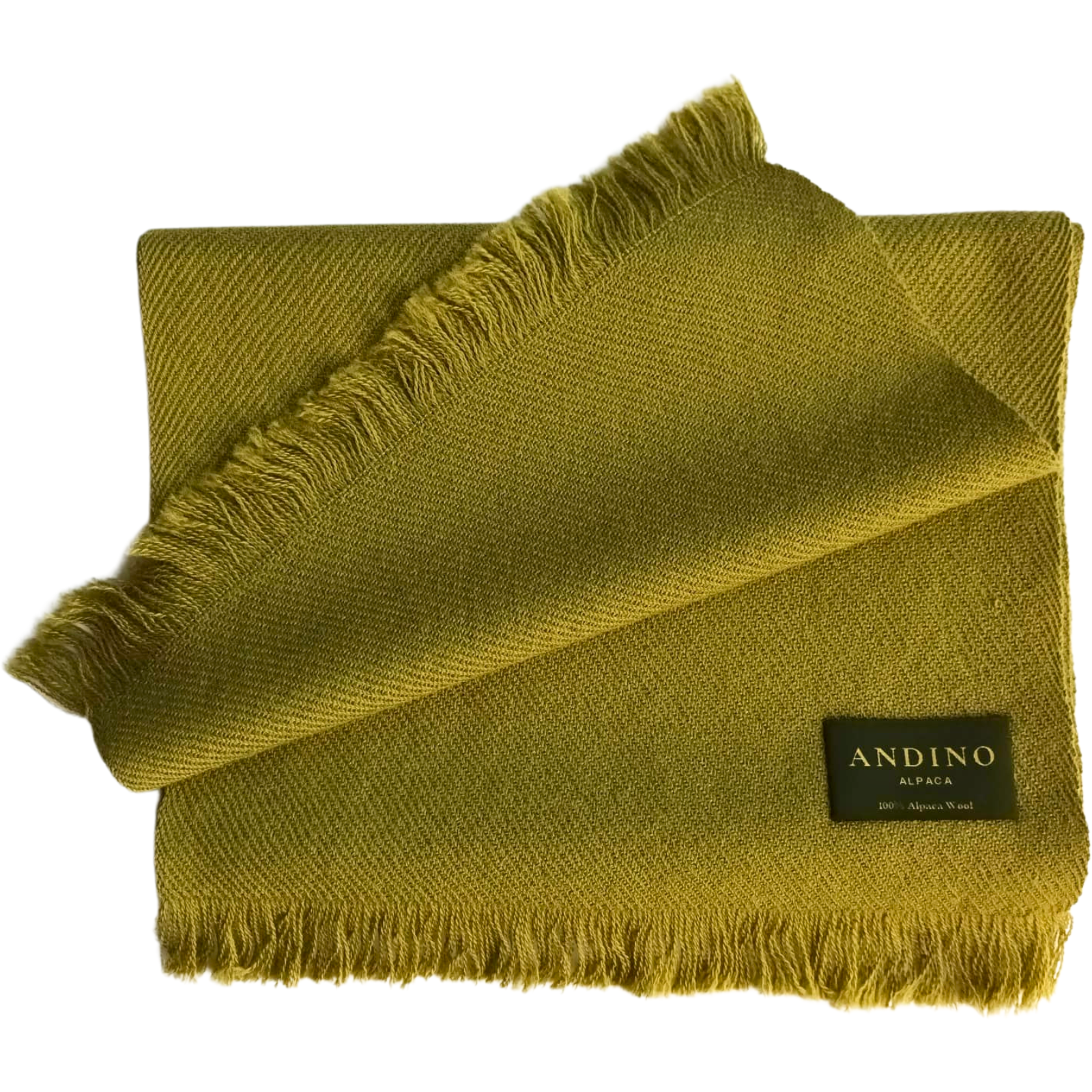 Olive green alpaca wool scarf large on white background with Andino Alpaca logo print.