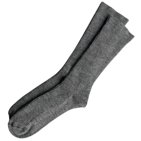 Pair of two light grey alpaca socks for men on a white background.