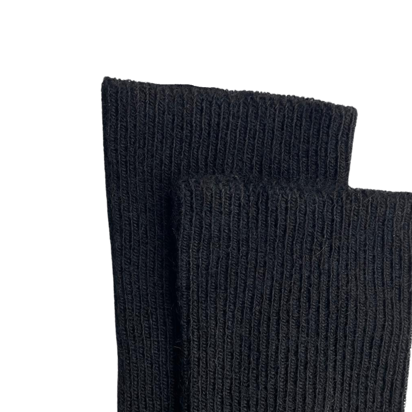 Pair of zoomed-in black alpaca socks on a white background.