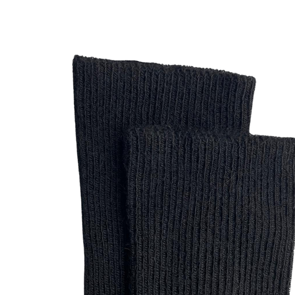 Pair of zoomed-in black alpaca socks on a white background.