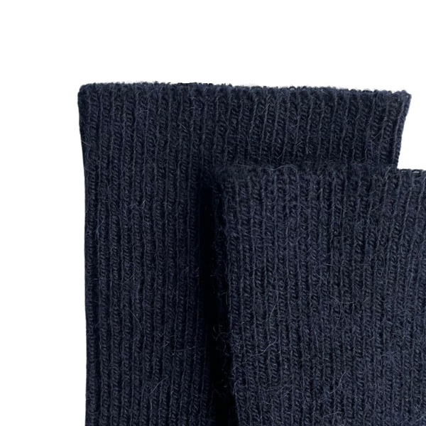Pair of zoomed-in navy blue alpaca socks on a white background.