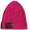 Pink alpaca wool beanie hat from the side on a white background