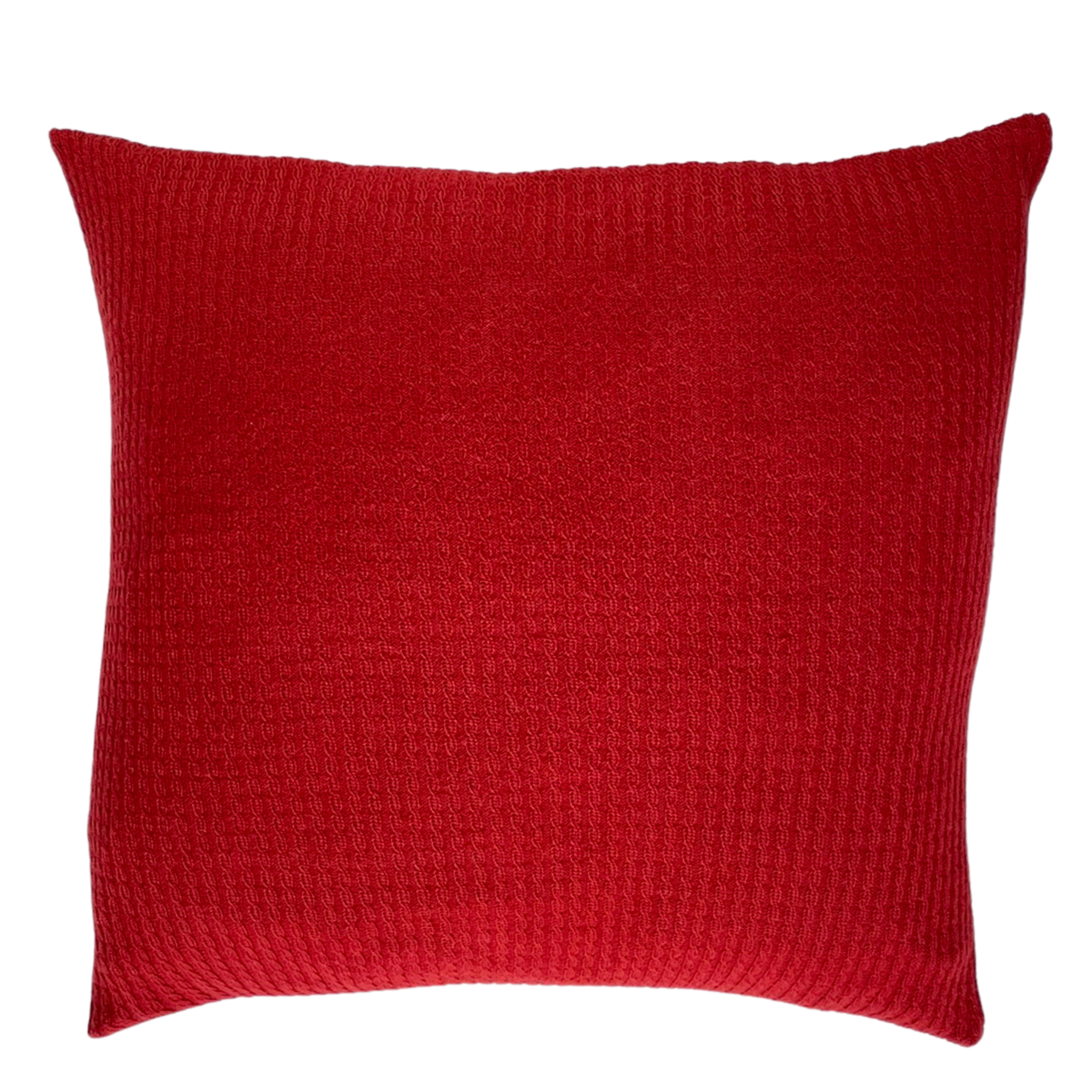 Red alpaca wool cushion cover on a white background.