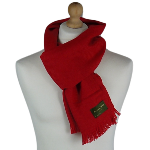 Red large alpaca wool scarf shawl on a model doll.