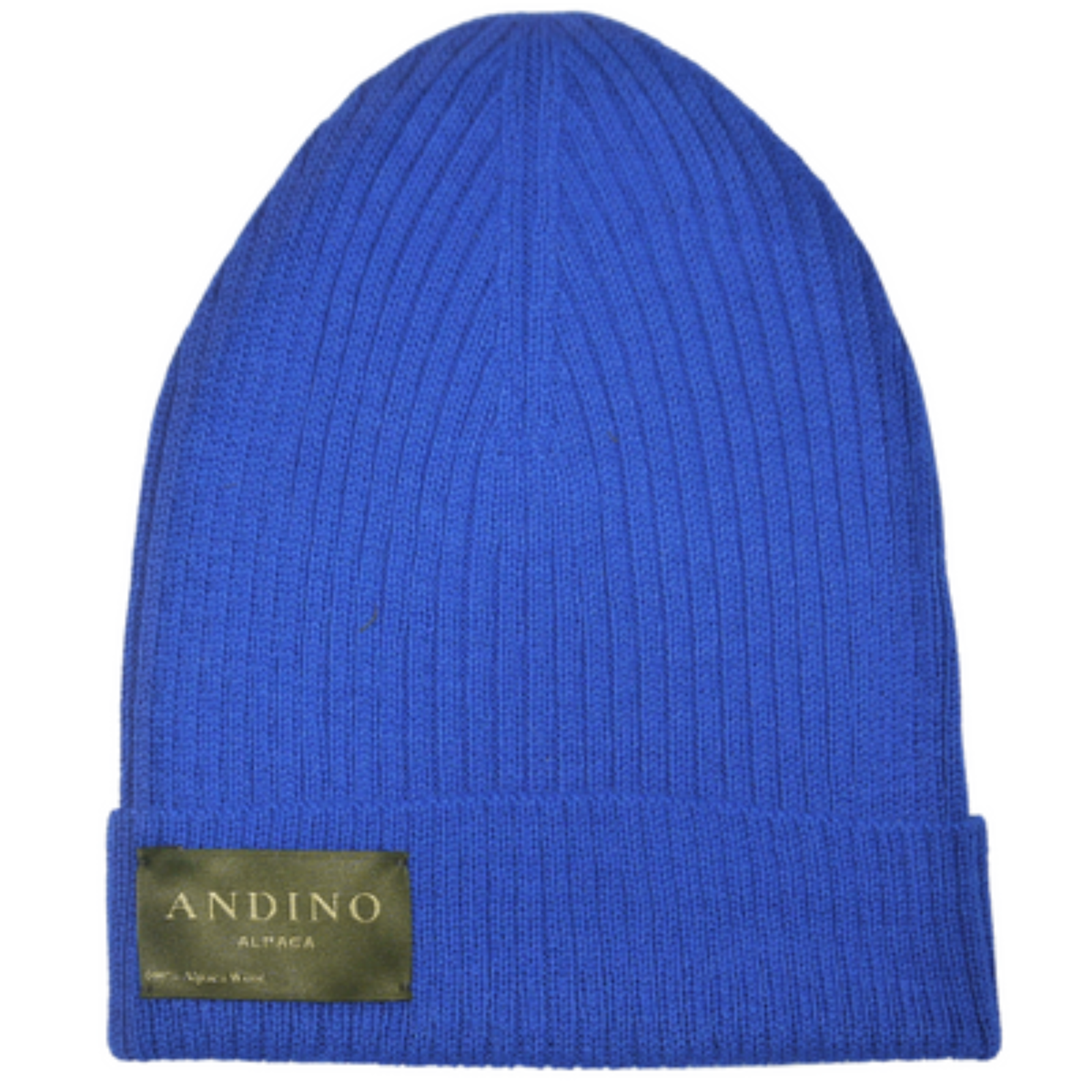 Royal blue alpaca wool beanie hat on a white background.