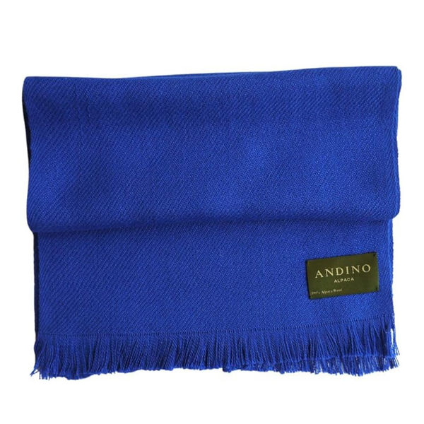 Royal blue alpaca wool scarf large on white background with Andino Alpaca logo print.