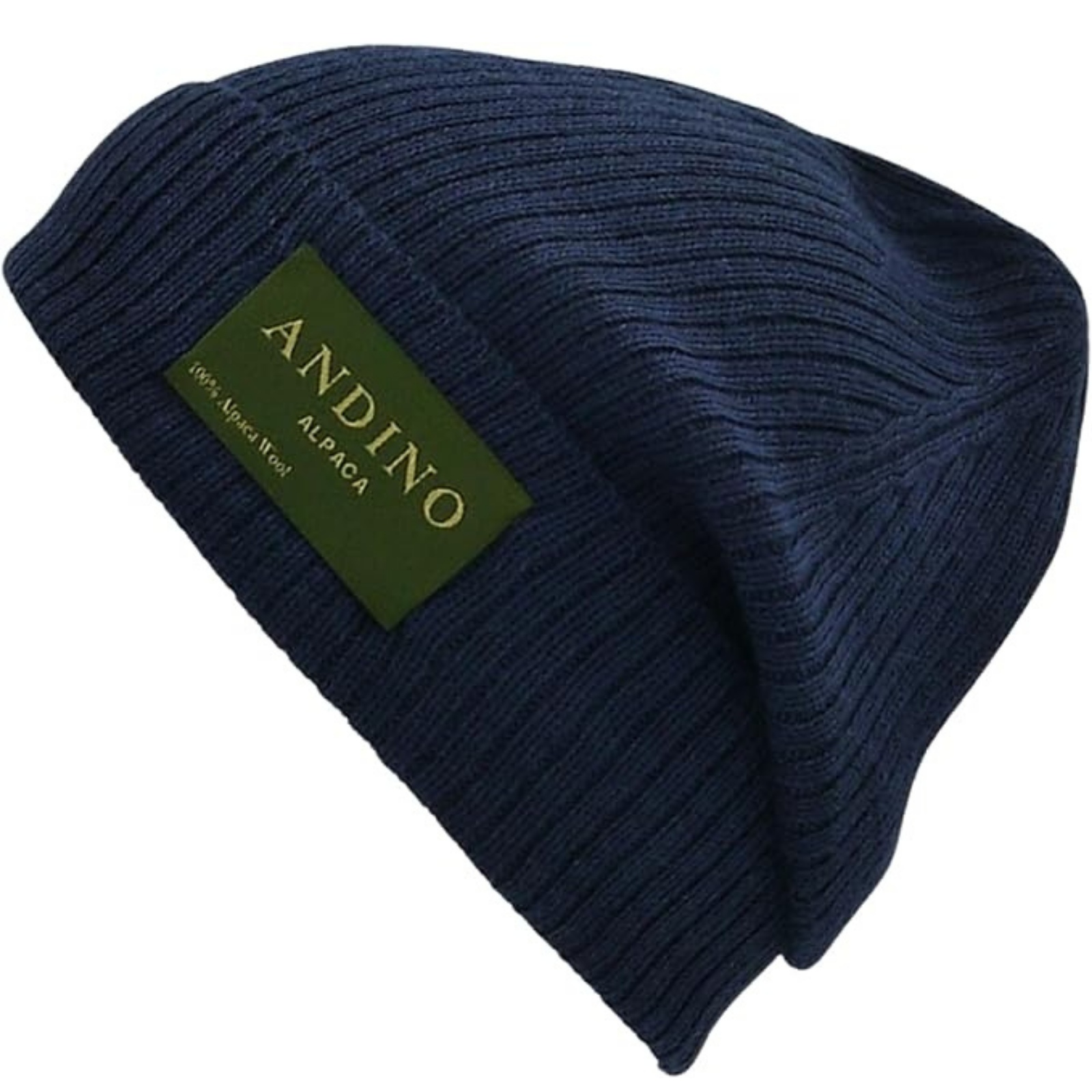 Young man wearing Royal blue alpaca beanie hat outdoors in front of a brick wall.