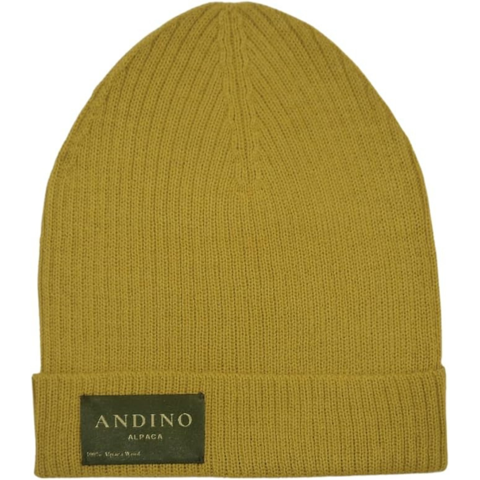 Young woman wearing dark yellow mustard alpaca beanie hat in an outdoor setting in a city with trees and streets.