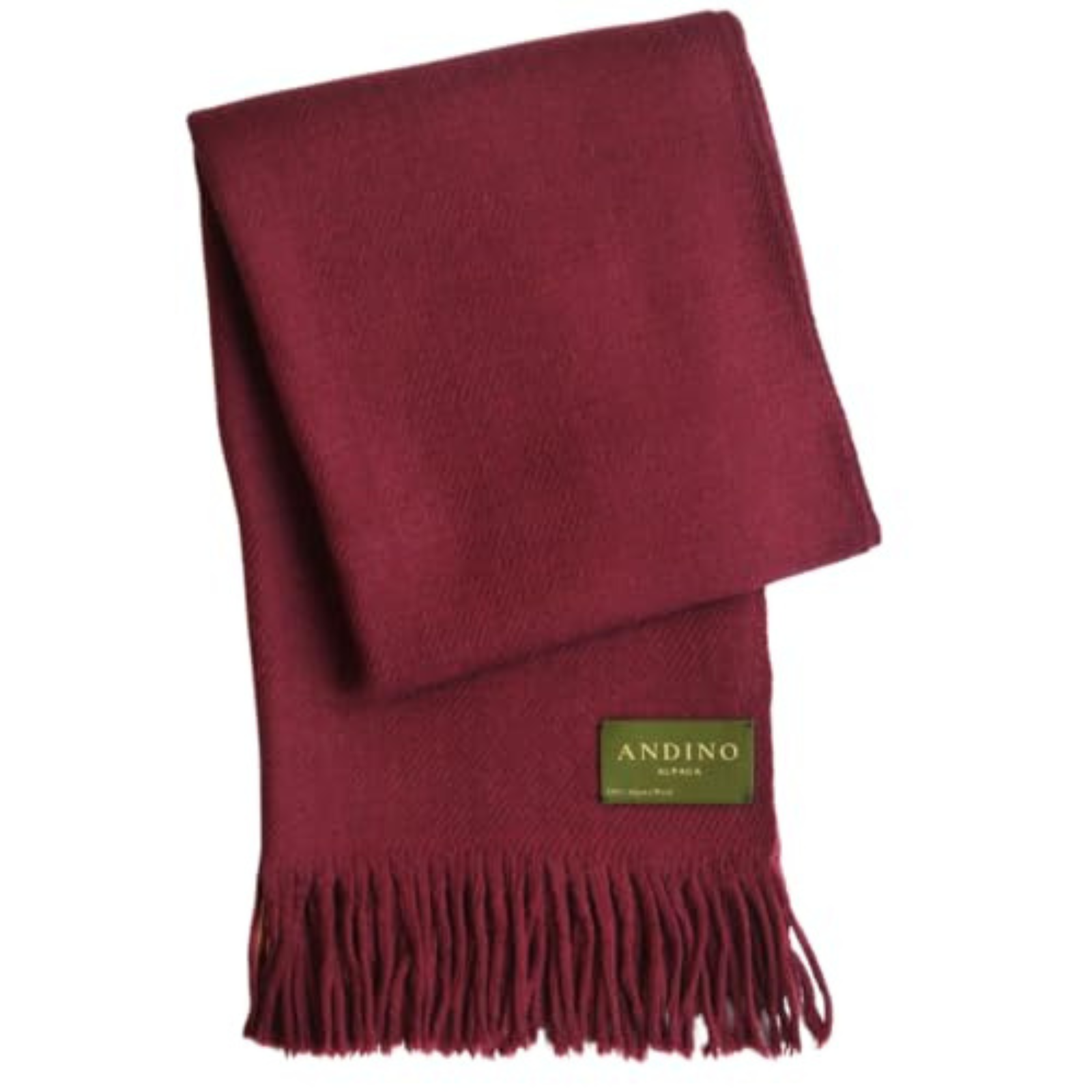 Zoomed in burgundy extra large long alpaca scarf on a white background.