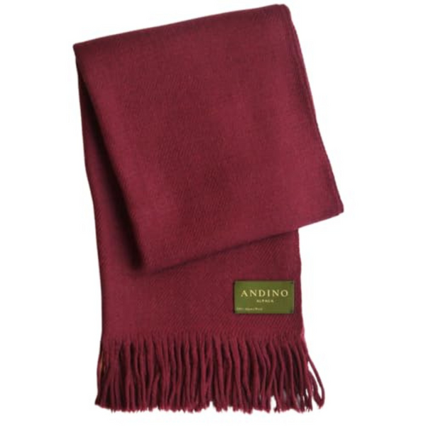 Burgundy extra large alpaca scarf on a white background with Andino Alpaca logo print. 